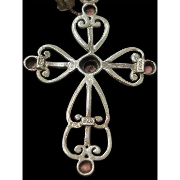Sterling Silver Scroll Cross Pendant With Faux Pink Coral 25” Italian Box Chain - Picture 4 of 7